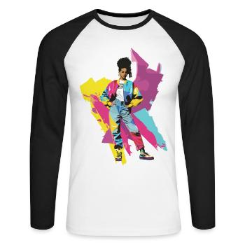 90s 90s Music Colorful Party Carnival Costume - Unisex Long Sleeve Baseball T-Shirt - white/black - Front - Nik (191cm)