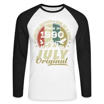 Juli 1990 Geburtstagsgeschenk 1990 Juli 1990 - Unisex Baseballshirt langarm - Weiß/Schwarz - Vorne - Nik (191cm)