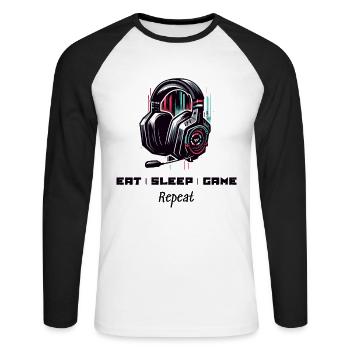 Eat Sleep Game Repeat Gamer Sayings Shirt - Unisex Long Sleeve Baseball T-Shirt - white/black - Front - Nik (191cm)