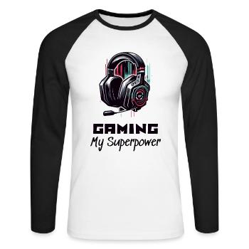 Gaming My Superpower Shirt Street Art Style - Unisex Baseballshirt langarm - Weiß/Schwarz - Vorne - Nik (191cm)