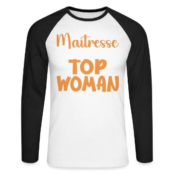 Maîtresse Top Woman - Cadeau Maîtresse - T-shirt baseball manches longues Homme - blanc/noir - Devant - Nik (191cm)