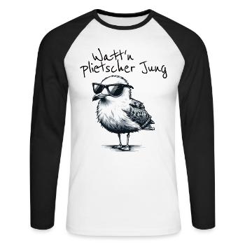 Watt’n plietscher Jung Norddeutsche Möwe Spruch - T-shirt baseball manches longues Homme - blanc/noir - Devant - Nik (191cm)