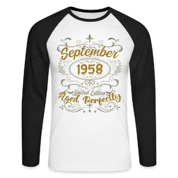 Legenden September 1958 | Schenkung September 1958 - Unisex Baseballshirt langarm - Weiß/Schwarz - Vorne - Nik (191cm)