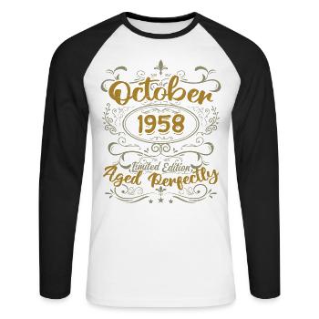 Octobre 1958 Cadeau 1958 Anniversaire Octobre 1958 - T-shirt baseball manches longues Homme - blanc/noir - Devant - Nik (191cm)