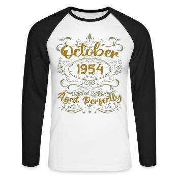 Octobre 1954 Cadeau 1954 Anniversaire Octobre 1954 - T-shirt baseball manches longues Homme - blanc/noir - Devant - Nik (191cm)