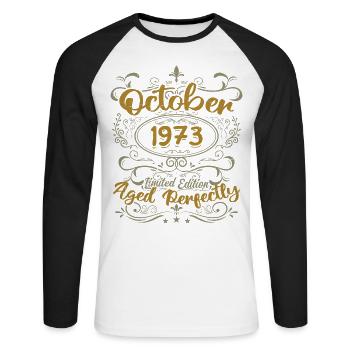 October 1973 Gift 1973 Birthday October 1973 - Unisex Long Sleeve Baseball T-Shirt - white/black - Front - Nik (191cm)