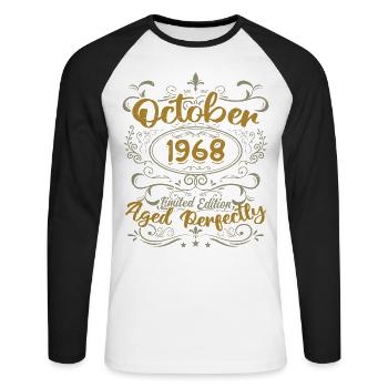 Octobre 1968 Cadeau 1968 Anniversaire Octobre 1968 - T-shirt baseball manches longues Homme - blanc/noir - Devant - Nik (191cm)