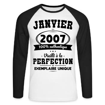 18th Birthday - January 2007 Perfection - Unisex Long Sleeve Baseball T-Shirt - white/black - Front - Nik (191cm)