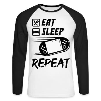 Eat Sleep Game Repeat - Unisex Baseballshirt langarm - Weiß/Schwarz - Vorne - Nik (191cm)