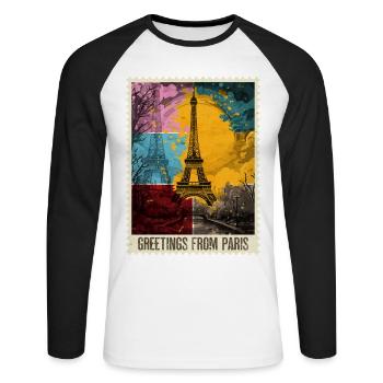 Paris Tour Eiffel France Skyline timbre-poste - T-shirt baseball manches longues Homme - blanc/noir - Devant - Nik (191cm)