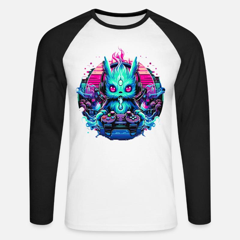 Synthwave Zocker Gaming Alien - Unisex Baseballshirt langarm - Weiß/Schwarz