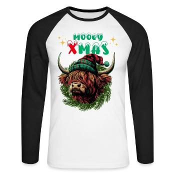 Mooey Xmas Schottisches Hochlandrind Kuh Lustig - Unisex Baseballshirt langarm - Weiß/Schwarz - Vorne - Nik (191cm)