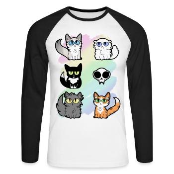 Huskatter und eine Schädelkarikatur - Unisex Baseballshirt langarm - Weiß/Schwarz - Vorne - Nik (191cm)
