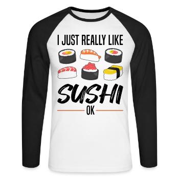 Sushi Maki Nigiri Japan Fish Saying Gift - Unisex Long Sleeve Baseball T-Shirt - white/black - Front - Nik (191cm)
