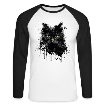 Black cat yellow eyes muzzle kitten ink - Unisex Long Sleeve Baseball T-Shirt - white/black - Front - Nik (191cm)