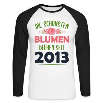 Jahrgang 2013 Blumen Spruch Geburtstag Geschenk - Unisex Baseballshirt langarm - Weiß/Schwarz - Vorne - Nik (191cm)