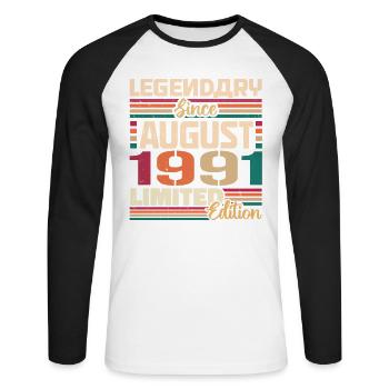 1991 Août Légende de l’anniversaire Août 1991 - T-shirt baseball manches longues Homme - blanc/noir - Devant - Nik (191cm)