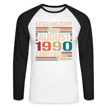 1990 Août Anniversaire Légende Août 1990 - T-shirt baseball manches longues Homme - blanc/noir - Devant - Nik (191cm)