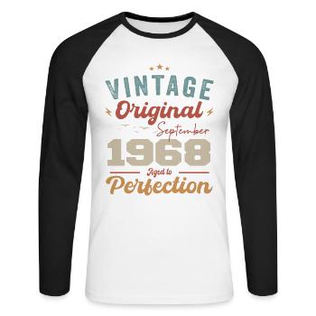 September 1968 Jubiläum 1968 September Geschenk - Unisex Baseballshirt langarm - Weiß/Schwarz - Vorne - Nik (191cm)