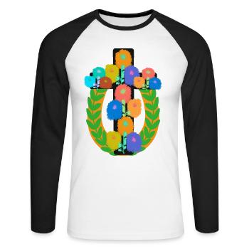 Croix Crucifix botanique Floral Couronne de Laurier multicolore - T-shirt baseball manches longues Homme - blanc/noir - Devant - Nik (191cm)