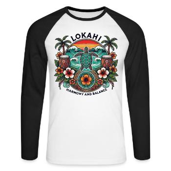 Lokahi - Hawaiianische Harmonie & Balance Schildkröte Design - Unisex Baseballshirt langarm - Weiß/Schwarz - Vorne - Nik (191cm)