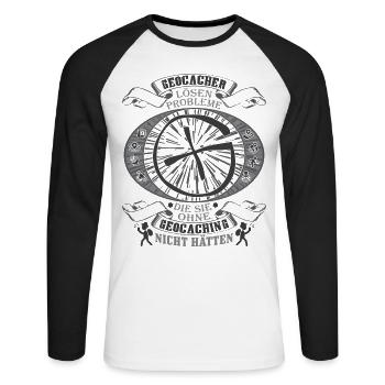 Geocaching - Unisex Baseballshirt langarm - Weiß/Schwarz - Vorne - Nik (191cm)