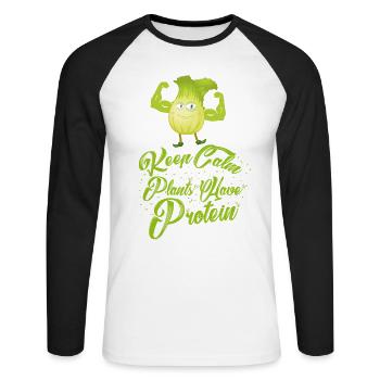 Keep Calm - Plants have Protein - Vegan Shirt - Unisex Baseballshirt langarm - Weiß/Schwarz - Vorne - Nik (191cm)