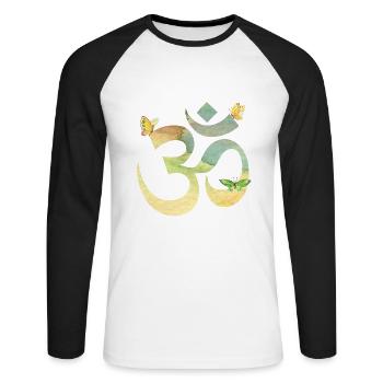 Om watercolor in pastell mit Schmetterlingen - Unisex Baseballshirt langarm - Weiß/Schwarz - Vorne - Nik (191cm)