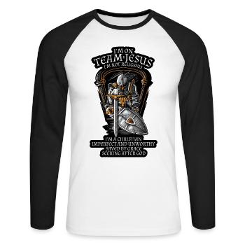 Knight Templar Crusader Shirt - Je suis sur Team Jesus - T-shirt baseball manches longues Homme - blanc/noir - Devant - Nik (191cm)