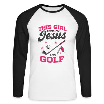 Golfing Golfer This Girl Runs On Jesus And Golf - Unisex Long Sleeve Baseball T-Shirt - white/black - Front - Nik (191cm)