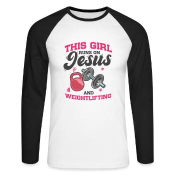 Fitness This Girl Runs On Jesus And Weightlifting - Unisex Baseballshirt langarm - Weiß/Schwarz - Vorne - Nik (191cm)