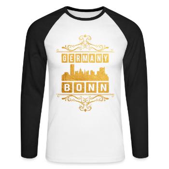 Bonn Deutschland Stadt Skyline Gold Ornament - Unisex Baseballshirt langarm - Weiß/Schwarz - Vorne - Nik (191cm)