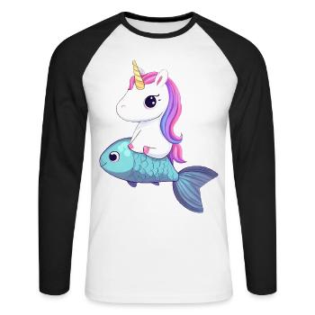 Einhorn reitet auf Fisch - Unisex Baseballshirt langarm - Weiß/Schwarz - Vorne - Nik (191cm)