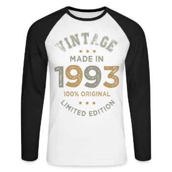 Made in 1993 Cadeau Vintage anniversaire - T-shirt baseball manches longues Homme - blanc/noir - Devant - Nik (191cm)