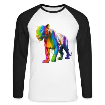Farbspritzer Tiger mit Lebendigen Farben und - Unisex Baseballshirt langarm - Weiß/Schwarz - Vorne - Nik (191cm)