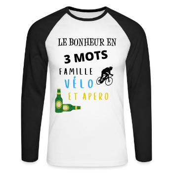 Bonheur en 3 mots famille vélo apéro cadeau - T-shirt baseball manches longues Homme - blanc/noir - Devant - Nik (191cm)