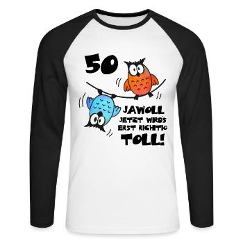 Eulen Frauen Männer 50. Geburtstag 50 Jahre - Unisex Baseballshirt langarm - Weiß/Schwarz - Vorne - Nik (191cm)