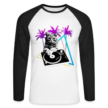 Cat Vinyl Record Platine Années 80 - T-shirt baseball manches longues Homme - blanc/noir - Devant - Nik (191cm)