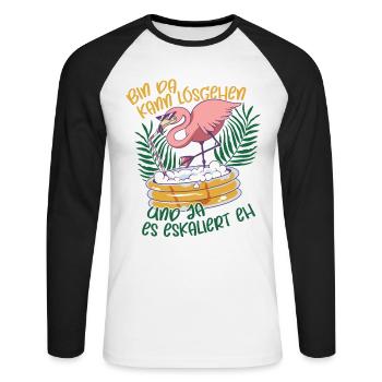 Flamingo bin da kann losgehen ja es eskaliert eh - Unisex Baseballshirt langarm - Weiß/Schwarz - Vorne - Nik (191cm)