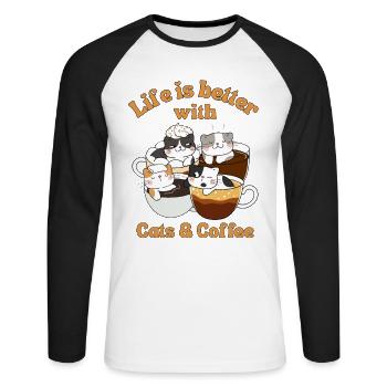 Kaffee Katze kawaii Kaffee und Katzen Liebhaber - Unisex Baseballshirt langarm - Weiß/Schwarz - Vorne - Nik (191cm)