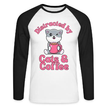 Kaffee Katze kawaii Kaffee und Katzen Liebhaber - Unisex Baseballshirt langarm - Weiß/Schwarz - Vorne - Nik (191cm)