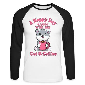 Kaffee Katze kawaii Kaffee und Katzen Liebhaber - Unisex Baseballshirt langarm - Weiß/Schwarz - Vorne - Nik (191cm)