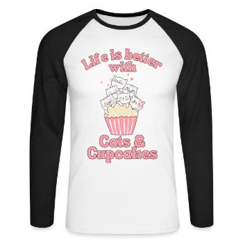Cat Cupcake kawaii Cupcake and Cat Lovers - Unisex Long Sleeve Baseball T-Shirt - white/black - Front - Nik (191cm)