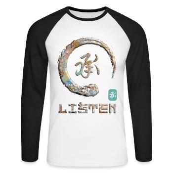 Anhören Japanisches Kanji-Wortsymbol Enso Circle 16 - Unisex Baseballshirt langarm - Weiß/Schwarz - Vorne - Nik (191cm)