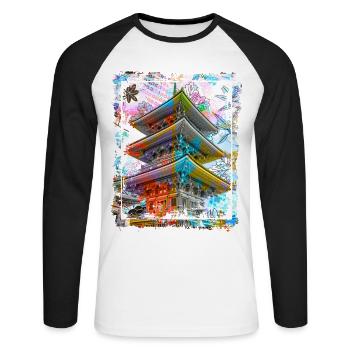 Japan Pagode Kirschblüten Collage Art 70 - Unisex Baseballshirt langarm - Weiß/Schwarz - Vorne - Nik (191cm)