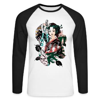 Guerrier Samouraï Sabre Geisha Japonais 114 - T-shirt baseball manches longues Homme - blanc/noir - Devant - Nik (191cm)