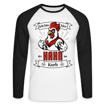 Hahn im Korb - Hühnerstall Huhn - Unisex Baseballshirt langarm - Weiß/Schwarz - Vorne - Nik (191cm)
