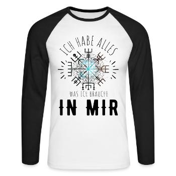 Wegweiser RUNEN Motivation - VEGVISIR - Unisex Baseballshirt langarm - Weiß/Schwarz - Vorne - Nik (191cm)