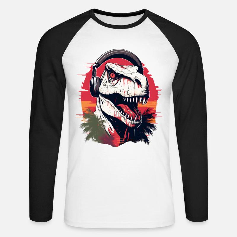 Dinosaurier mit Kopfhörer - Unisex Baseballshirt langarm - Weiß/Schwarz