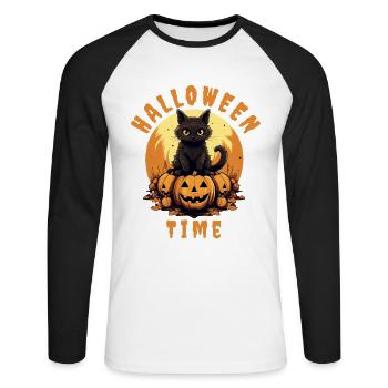 Citrouille chat d’Halloween - T-shirt baseball manches longues Homme - blanc/noir - Devant - Nik (191cm)